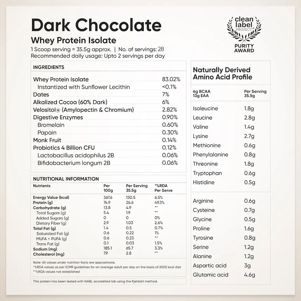 Whey Protein Isolate 26g | 1kg | 4B CFU Probiotics | Dark Chocolate