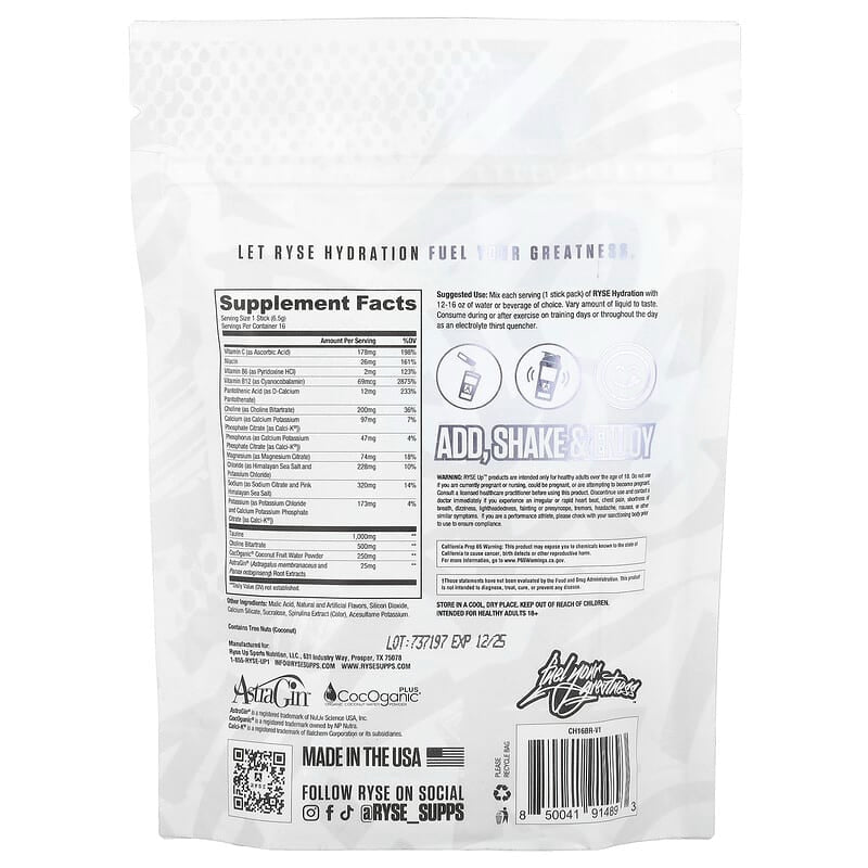 RYSE Hydration | On-The-Go Electrolyte Drink Mix |16 Sticks, 0.23 oz Each