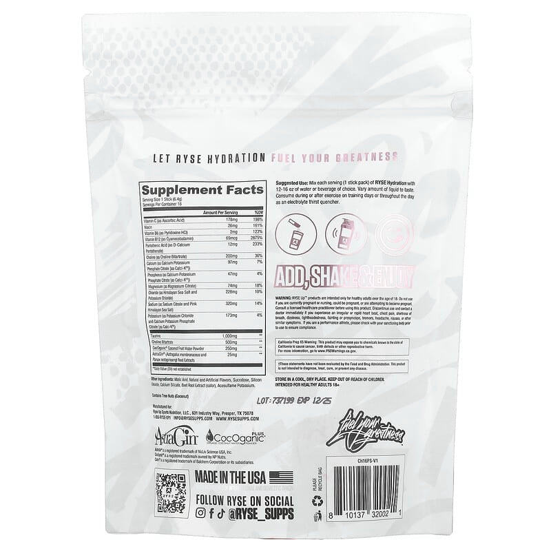 RYSE Hydration | On-The-Go Electrolyte Drink Mix |16 Sticks, 0.23 oz Each