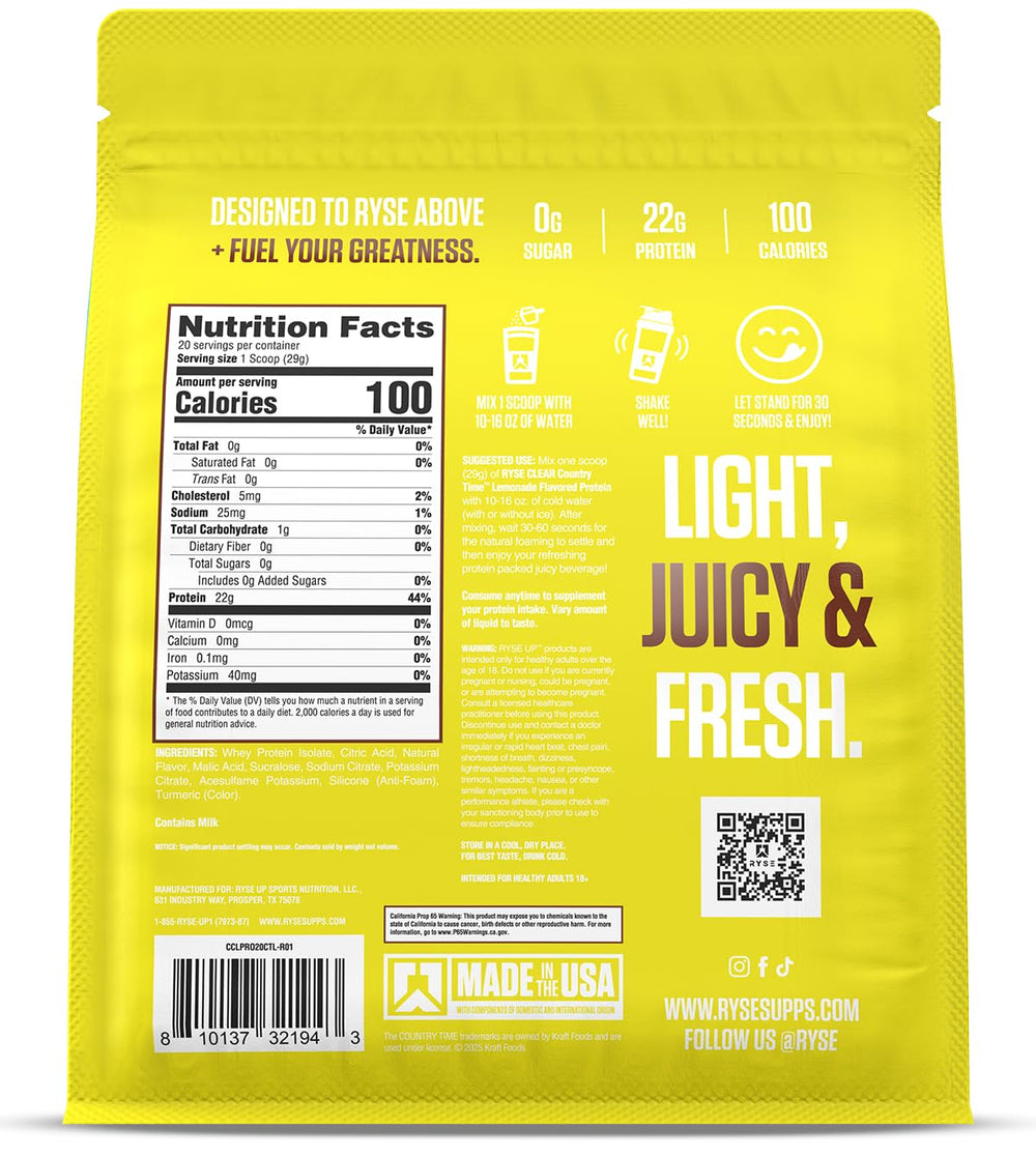 Ryse Clear Whey Isolate Protein Powder - 100 Calories, Zero Sugar, Zero Artificial Colors - 20 Servings Bag