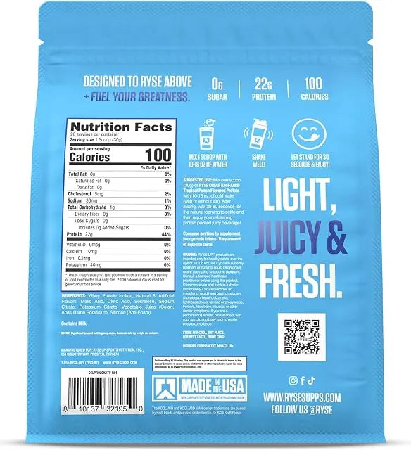Ryse Clear Whey Isolate Protein Powder - 100 Calories, Zero Sugar, Zero Artificial Colors - 20 Servings Bag