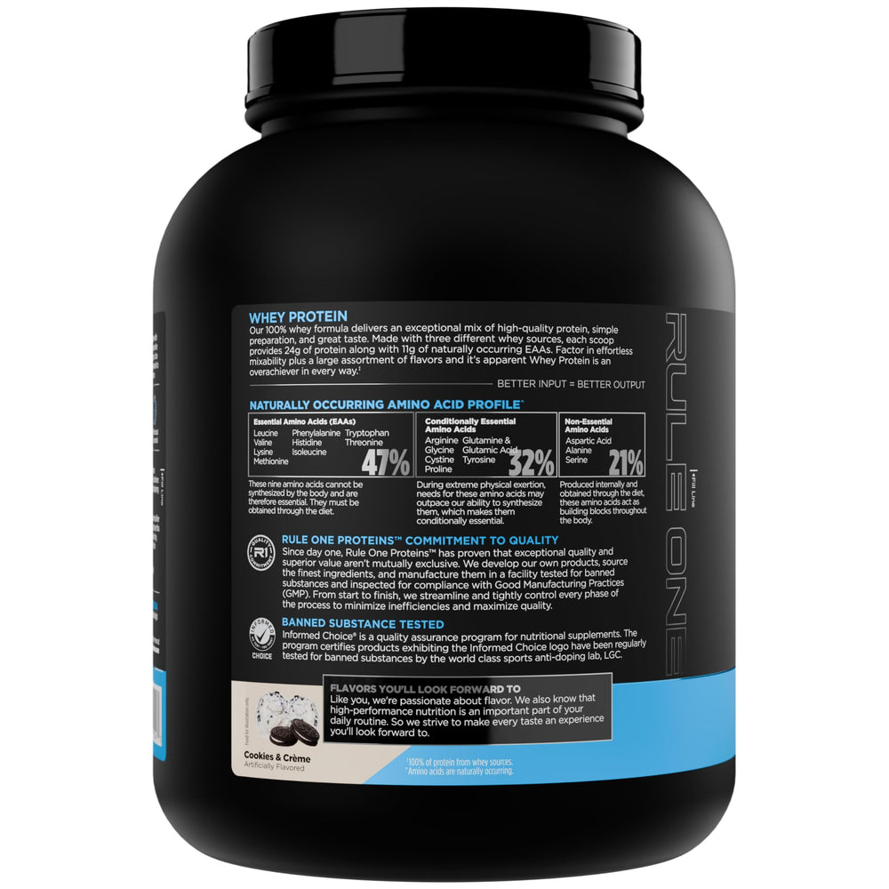 Rule1 1 Whey Blend 100% Protein Powder Cookies & Cream | 24g Protein| 5.5g BCAAs| 68 Servings| 4.95 Lbs (2.24 kg)