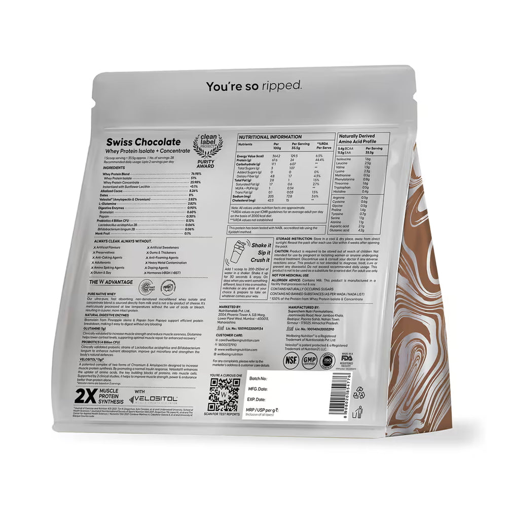 Wellbeing Nutrition Whey Protein Isolate & Concentrate 24g Protein Probiotics (1 kg)