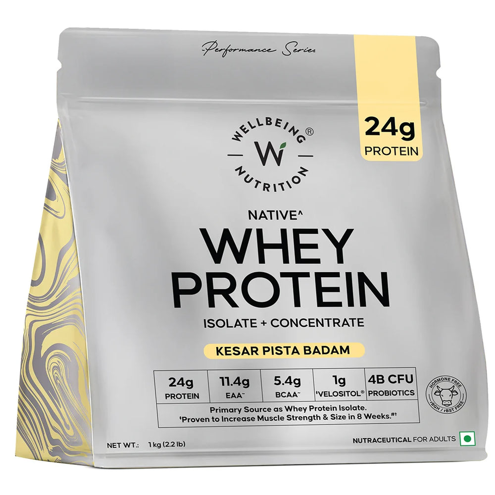 Whey Protein Isolate + Concentrate 24g | 1kg | 4B CFU Probiotics | Kesar Pista Badam