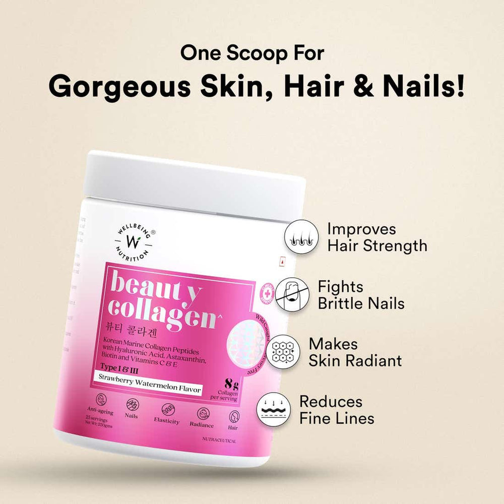Wellbeing Nutrition Beauty Collagen HLA and Biotin Skin Hair and Nails Strawberry Flavor - 250g
