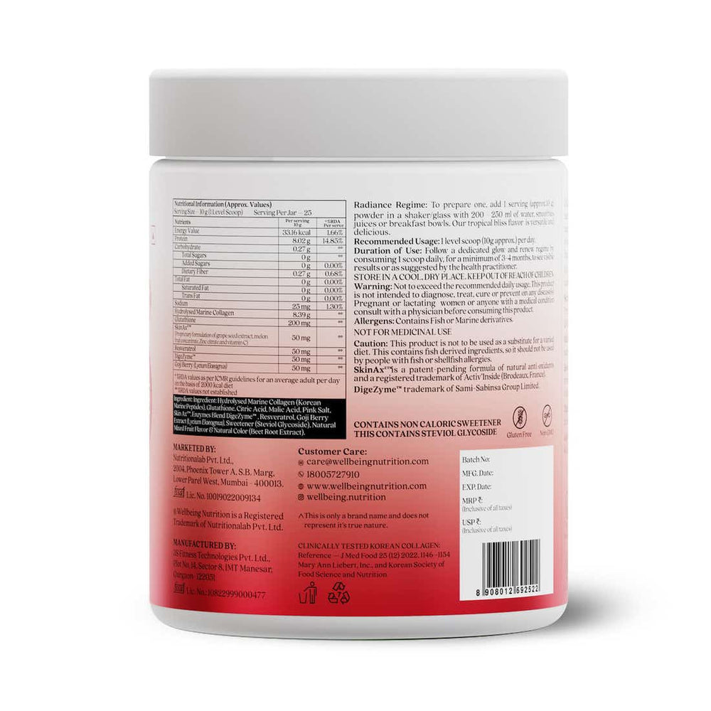 Wellbeing Nutrition Glow Collagen Peptides Reduces Pigmentation Tropical Bliss Flavor - 250g